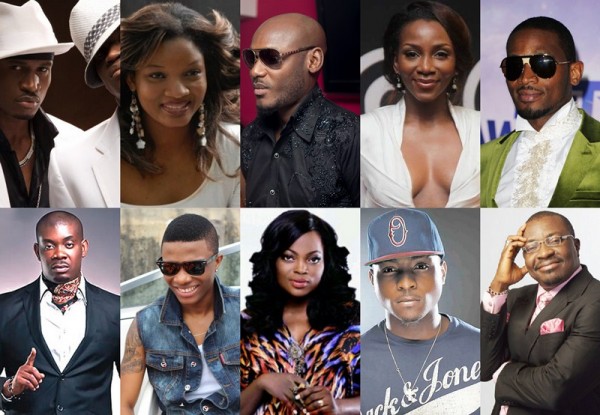 (Clockwise from top left) - Psquare, Omotola Jalade-Ekeinde, 2face Idibia, Genevieve Nnaji, D'banj, Don Jazzy, Wizkid, Funke Akindele, Davido, Ali Baba