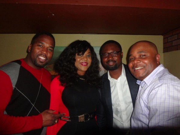 Stella Damasus and Daniel Ademinokan (middle), with friends at her 35th birthday in New York