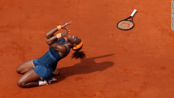 Serena Williams celebrates match point against Maria Sharapova during their women's singles final match of the French Open at Roland Garros. Photo: Julian Finney/Getty Images