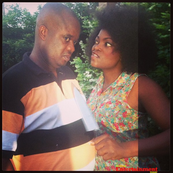 Funke Akindele on movie set - with Charles Inojie