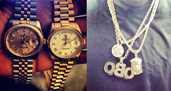 Wizkid's Rolex wrist watches and Davido's Versace gold chains. Photo: Instagram
