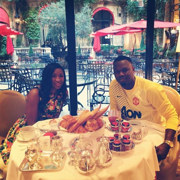 Nigerian artiste Dr SID and girlfriend Simi Osomo having breakfast at the Hôtel Plaza Athénée, Paris