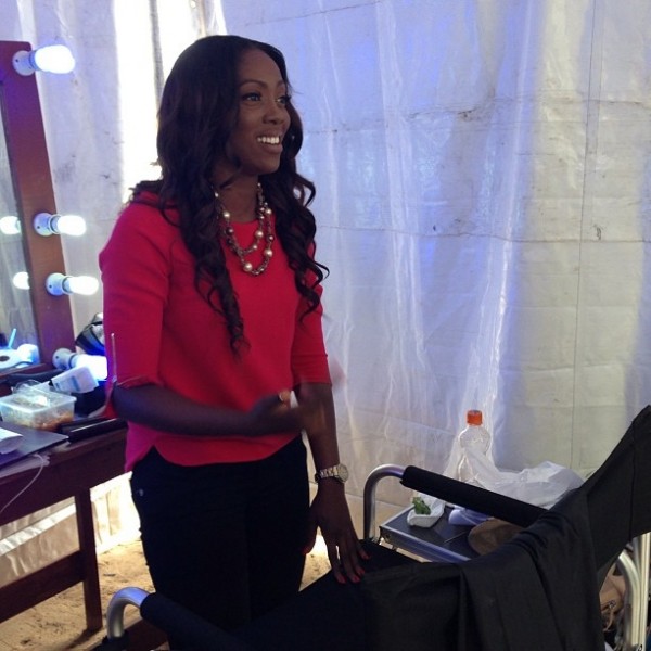 Looking radiant: Tiwa Savage pictured on the set of TV series 'Shuga'. Photo: Instagram/Maria Okanrende