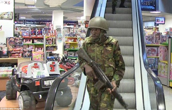An image from AFP TV shows military forces taking position inside the shopping mall