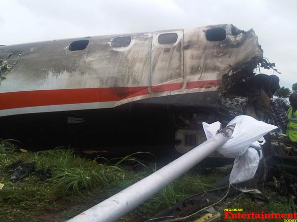 The wreckage of the charter passenger jet which crashed soon after take off from Lagos airport. Photo: Ngozi Obiwulu