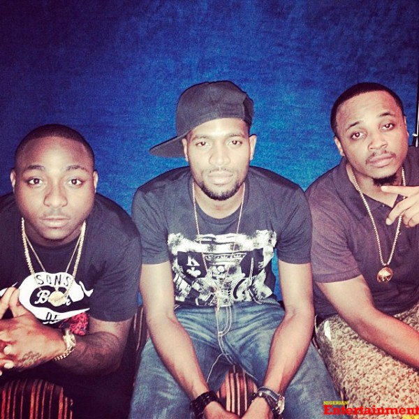 A recent picture of Davido, D'banj and Sinarambo in the studio, Lagos. Photo: Instagram