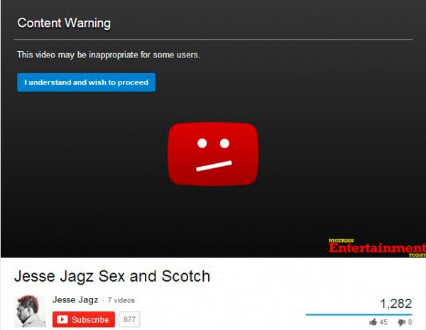 Jesse Jagz YouTube video page for 'Sex and Scotch' gives a prior warning before consented viewing