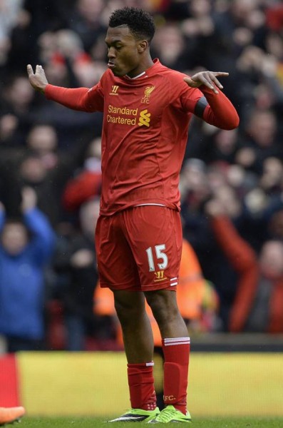 iverpool's Daniel Sturridge celebrates scoring against Arsenal during their English Premier League soccer match at Anfield Stadium in Liverpool, northern England February 8, 2014. Photo: metrouk2.files