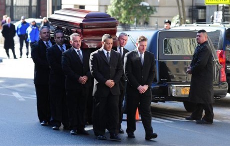 Philip Seymour Hoffman's casket carried into the church. Photo: NBC News