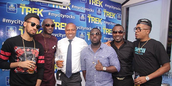 Phyno, 2face, NB's Edem Vindah, Timaya, Mr Raw and Naeto C pose for a group photograph at the Star Music Trek sign-on event, wednesday. Photo: BHM