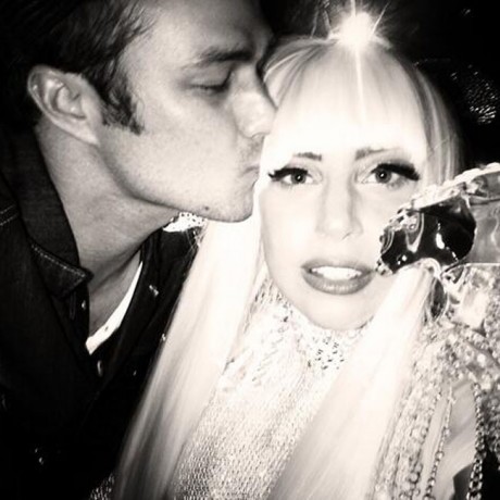 Lady Gaga and Taylor Kinney posing affectionately