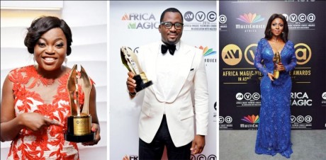 Funke Akindele, Desmond Elliot, and Yvonne Okoro pose with their plaques|| Photo: NET