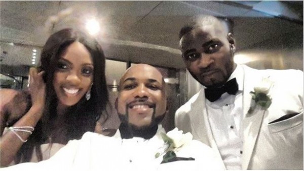 The couple with the best man Banky W Tiwa Savage and husband Tunji 'Tee Billz' Balogun with Bestman Banky W