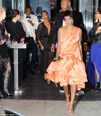 Jay Z, Beyonce and Solange exiting The Standard Hotel, NYC where the Met Gala was held on May 5, 2014