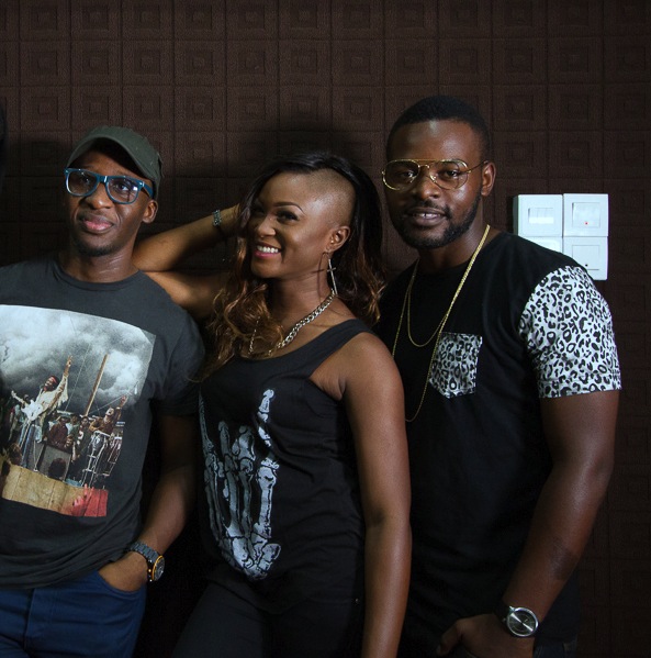 Bez, Eva and Falz studio session for #MalariaFreeNigeria theme song Photo: Filed