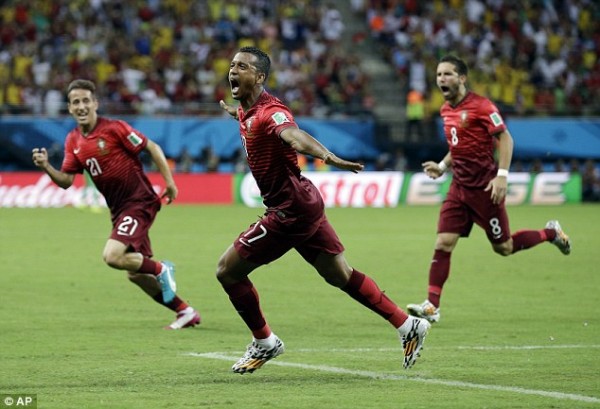 Luis Nani celebrates his first goal at the 2014 finals