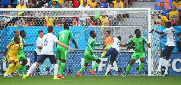aul Pogba of France scores his team's first goal on a header past goalkeeper Vincent Enyeama of Nigeria during the 2014 FIFA World Cup Brazil Round of 16 match between France and Nigeria at Estadio Nacional on June 30, 2014 in Brasilia, Brazil. (Photo by Ian Walton/Getty Images)