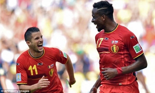 Origi is congratulated by team-mate Kevin Mirallas following his winning strike