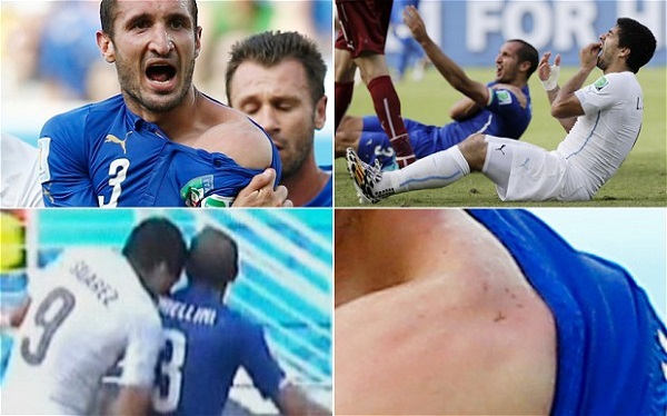 The biting scene between Luis Suarez and Giorgio Chiellini. Photo: Telegraph