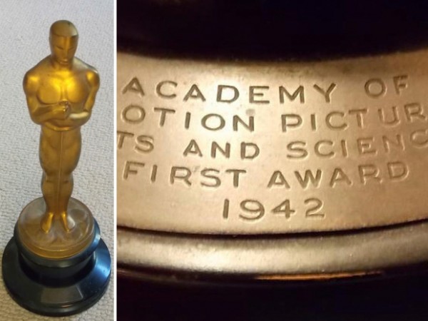 An Academy Award Oscar statue awarded for colour art direction in 1942 to Joseph C. Wright for his work on 'My Gal Sal.' Photo: Briarbrook Auctions/The Associated Press