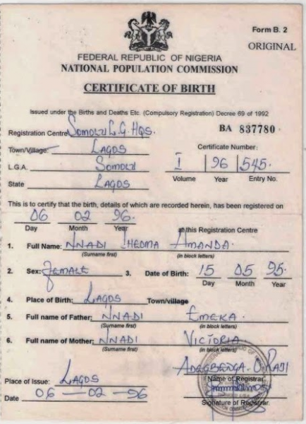 Iheoma Nnadi birth certificate