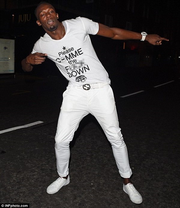 Usain Bolt looks intoxicated after attempts to do his trademark lightning bolt pose