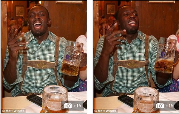 Bolt appeared to be in good spirits as he tried out the beer on offer while sitting at his table