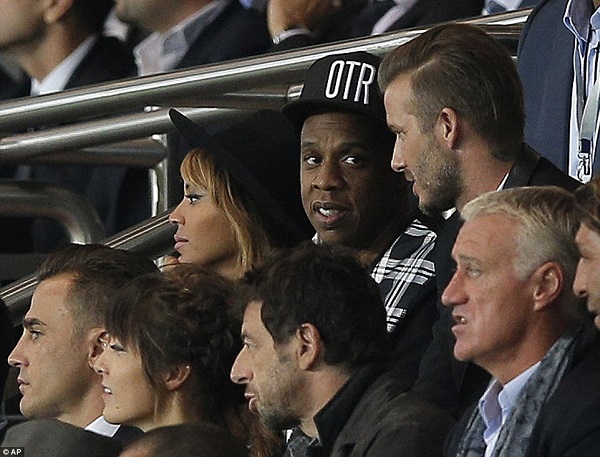 Jay-Z (centre) and Beyonce (top left) were seated alongside former PSG star David Beckham (top right)