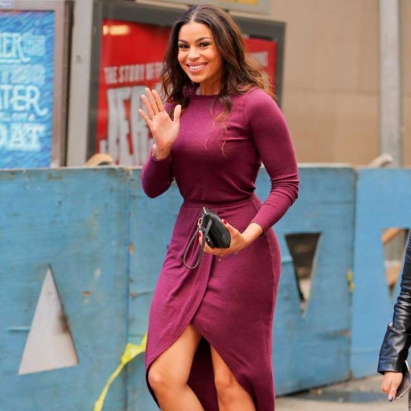 Jordin Sparks looks stunning in a plum high low knit dress while out and about in New York City