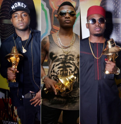 Davido, Wizkid and Olamide with their Headies.