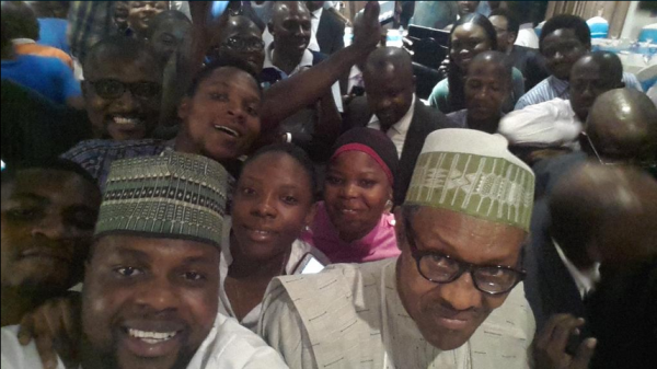 APC Presidenttial Candidate Buhari shares first Selfie. Photo: Twitter