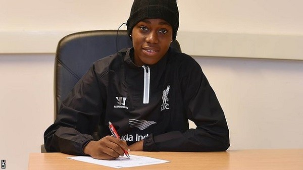 Asisat Oshoala post for the camera as she seal her move to Liverpool Ladies from Rivers Angels. Photo: BBC
