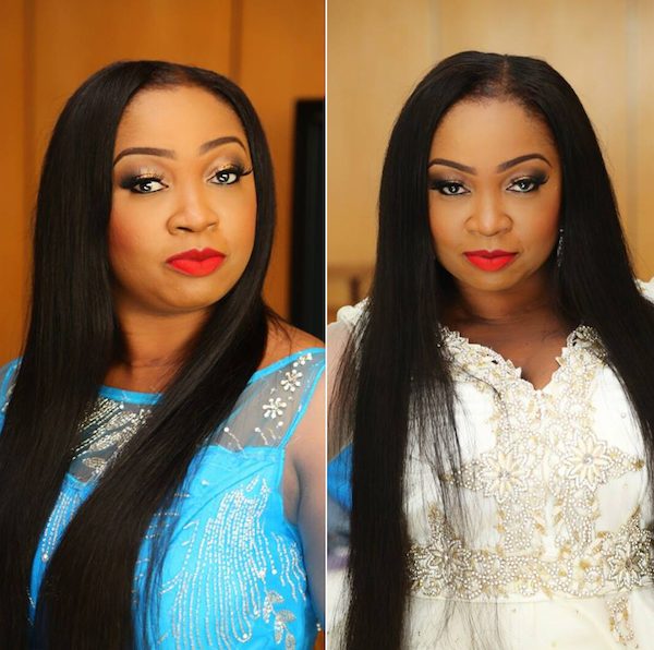 (Wearing a bold makeup by Bimpe Meshida, the singer and drummer stunned in two different dresses for the day. Photo: FB)