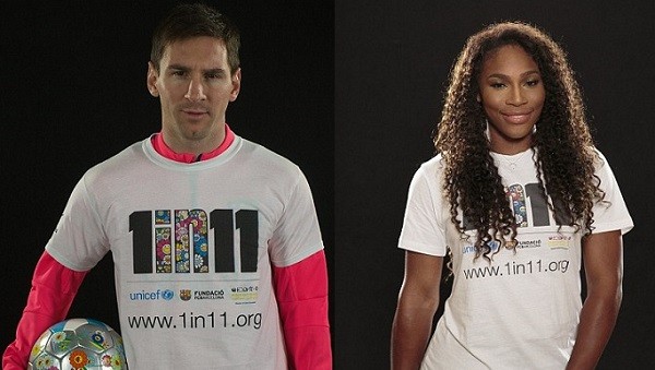 Barcelona star Lionel Messi, who is a UNICEF Goodwill Ambassador, poses in his 1 in 11 shirt
