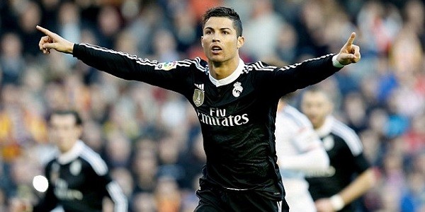 Cristiano Ronaldo celebrates after scoring against Valencia at the Mestalla on Sunday. Photo: