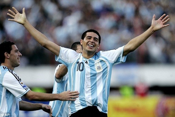 Juan Roman Riquelme (centre) played 51 times for Argentina and scored 17 goals for his country