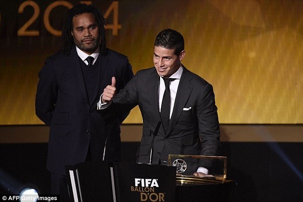 Rodriguez gives a thumbs up after scooping the FIFA Puskas Award at the Ballon d'Or on Monday. Photo:
