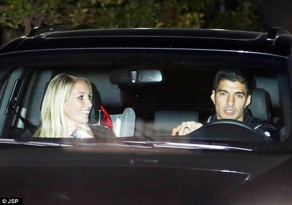 Summer signing Luis Suarez (right) was also in attendance for the bash with wife Sofia Balbi