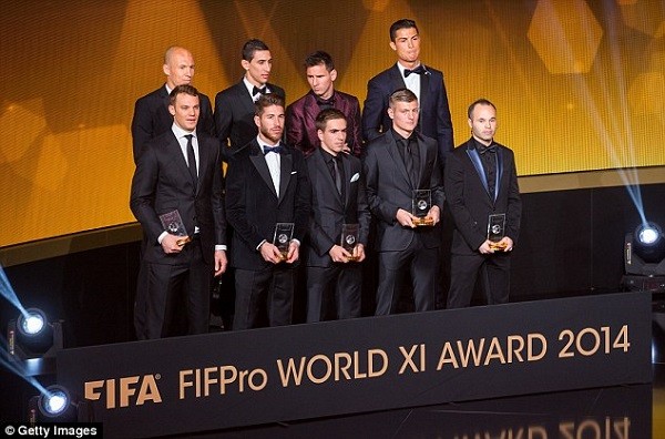 The FIFA FIFPro World XI for 2014 receive applause from the audience as they are paraded on stage
