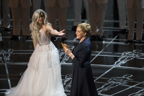 (Right) Julie Andrews on stage to congratulate Lady Gaga (Left)