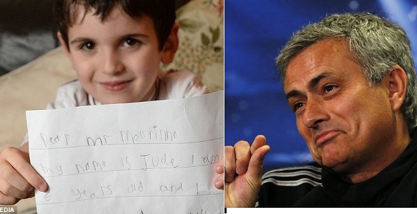 Six-year-old Aston Villa fan Jude Branson shows off his letter request to Jose Mourinho