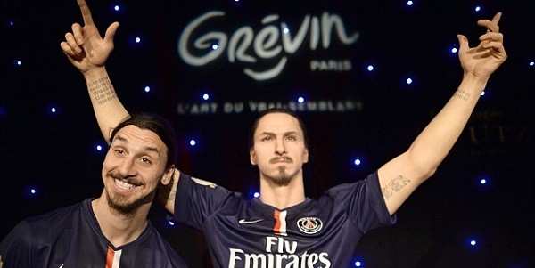 Zlatan Ibrahimovic (left) poses alongside his waxwork model at the Grevin museum in Paris