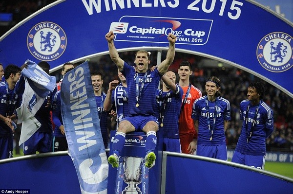 Branislav Ivanovic celebrates after full time in the Capital One Cup final between Tottenham and Chelsea at Wembley