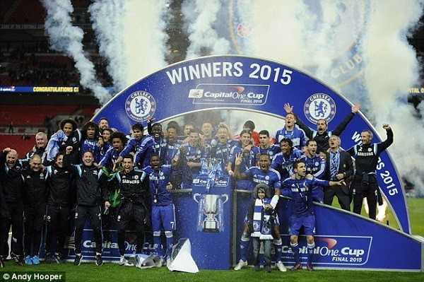 Chelsea's squad look jubilant after their first trophy of the season but Mourinho said celebrations were muted