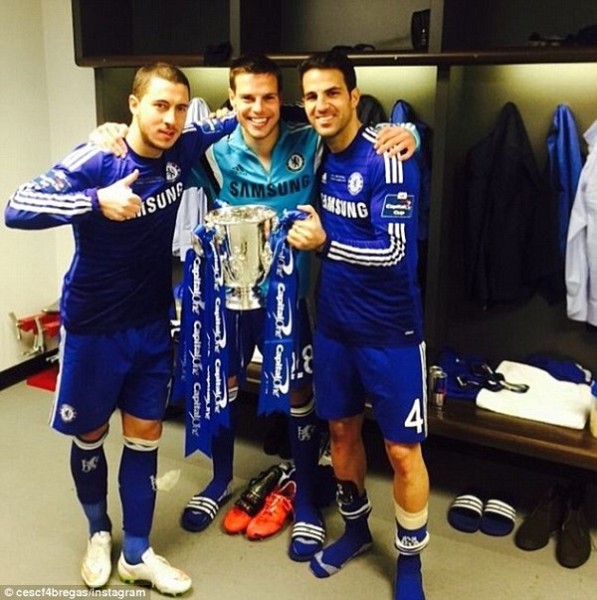 Fabregas (right) also posted another picture on Instagram with Eden Hazard (left) and Cesar Azpilicueta (middle) alongside him in the Blues dressing room
