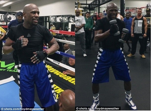 Floyd Mayweather began training in his Las Vegas gym on Monday ahead of fighting Manny Pacquiao