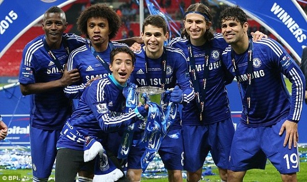 Jose Mario celebrates winning Chelsea's Capital One Cup victory with some of the players