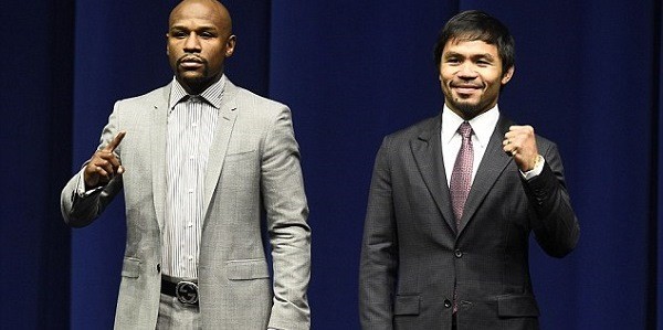 Mayweather and Pacquiao pose together at their only pre-fight press conference in Los Angeles