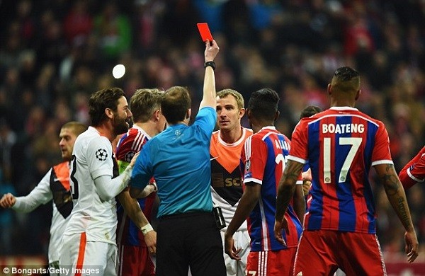 Oleksandr Kucher was sent off in the third minute for Shakhtar Donetsk against Bayern Munich