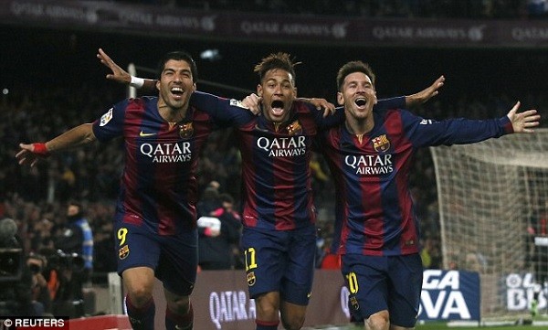 The Brazilian returns from a ban to complete Barca's 'trident' with Luis Suarez (left) and Lionel Messi